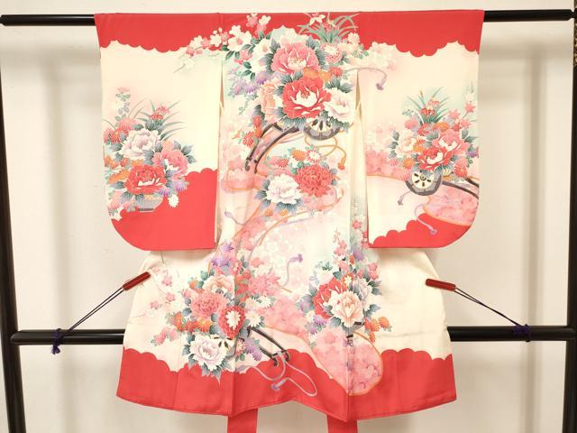 平和屋着物[]七五三　女の子　３歳　祝着　三つ身　花車文　暈し染め　金彩　逸品　DAAY3097ma