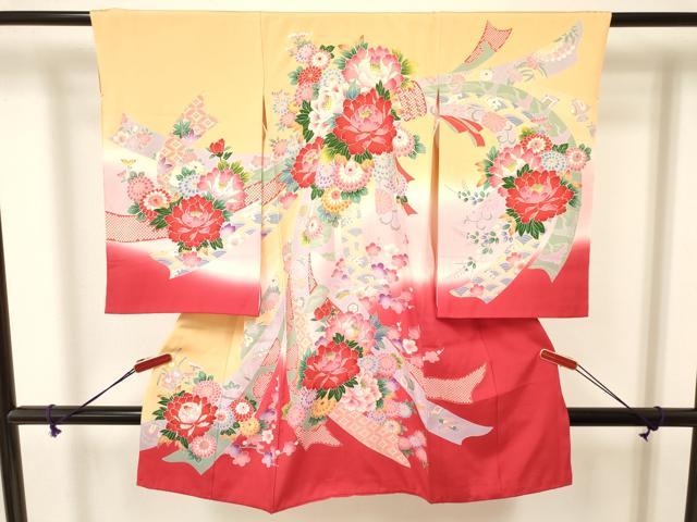 平和屋着物[]七五三　女の子　３歳　祝着　三つ身　熨斗花文　暈し染め　金銀彩　逸品　DAAY3099ma