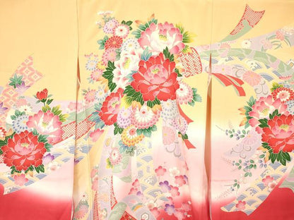 平和屋着物[]七五三　女の子　３歳　祝着　三つ身　熨斗花文　暈し染め　金銀彩　逸品　DAAY3099ma