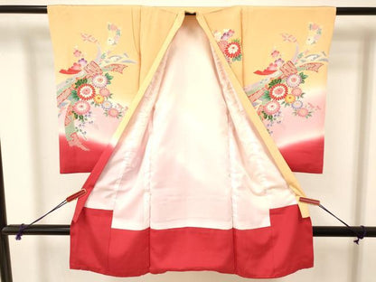 平和屋着物[]七五三　女の子　３歳　祝着　三つ身　熨斗花文　暈し染め　金銀彩　逸品　DAAY3099ma