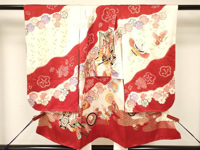 平和屋着物[]七五三　女の子　３歳　祝着　三つ身　絞り　御所車飛鶴花文　暈し染め　金銀彩　逸品　DAAY3100ma