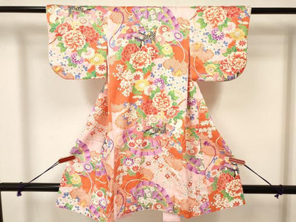 平和屋着物[]七五三　女の子　３歳　祝着　三つ身　御所車檜扇花文　金彩　逸品　DAAY3105ma