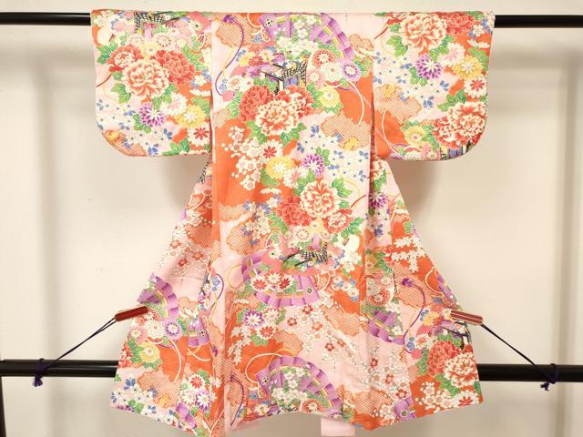 平和屋着物[]七五三　女の子　３歳　祝着　三つ身　御所車檜扇花文　金彩　逸品　DAAY3105ma