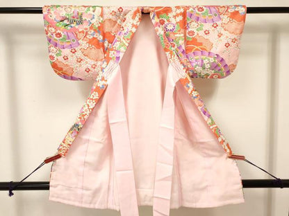 平和屋着物[]七五三　女の子　３歳　祝着　三つ身　御所車檜扇花文　金彩　逸品　DAAY3105ma