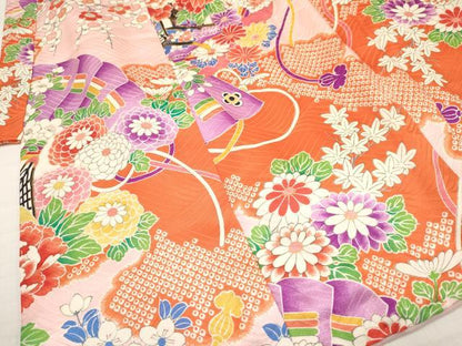 平和屋着物[]七五三　女の子　３歳　祝着　三つ身　御所車檜扇花文　金彩　逸品　DAAY3105ma