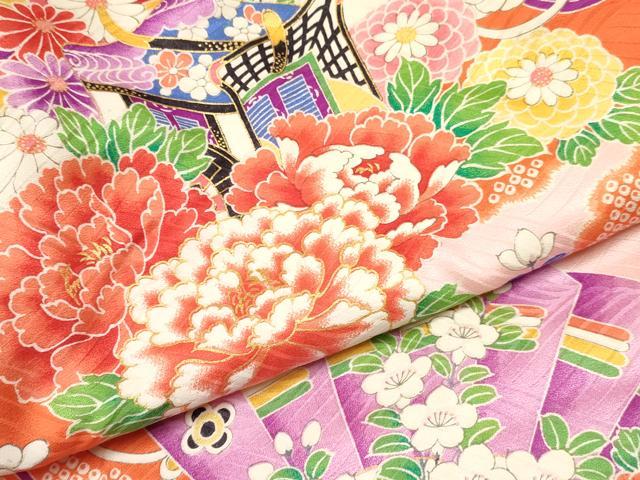 平和屋着物[]七五三　女の子　３歳　祝着　三つ身　御所車檜扇花文　金彩　逸品　DAAY3105ma