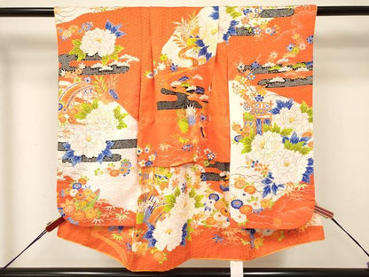 平和屋着物[]七五三　女の子　３歳　祝着　三つ身　駒刺繍　風景花文　洗える着物　DAAY3106ma