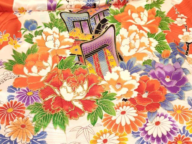 平和屋着物[]七五三　女の子　３歳　祝着　三つ身　駒刺繍　御所車花文　金彩　逸品　DAAY3107ma