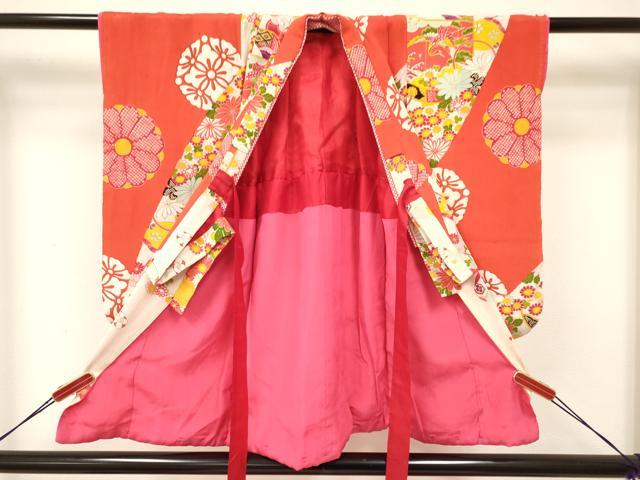 平和屋着物[]アンティーク　大正ロマン　七五三　女の子　３歳　祝着　三つ身　貝桶飛鶴花文　逸品　DAAY3108ma