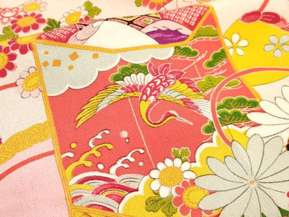 平和屋着物[]アンティーク　大正ロマン　七五三　女の子　３歳　祝着　三つ身　貝桶飛鶴花文　逸品　DAAY3108ma
