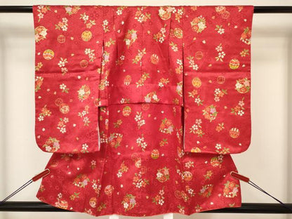 平和屋着物[]七五三　女の子　３歳　祝着　三つ身　長襦袢(単衣・半衿刺繍)・被布セット　鞠花丸文　金彩　逸品　DAAY3144ma