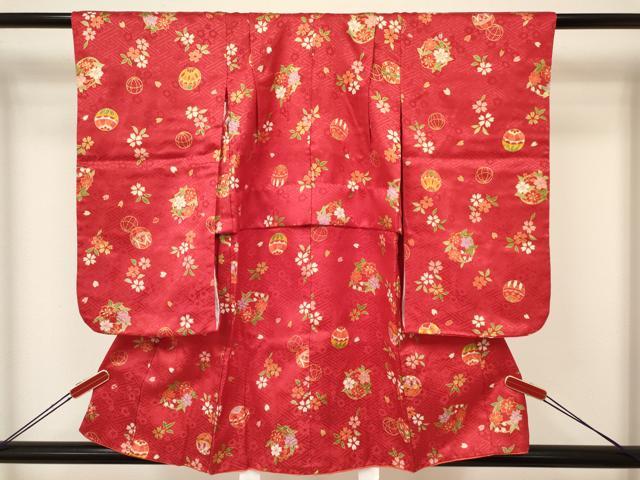 平和屋着物[]七五三　女の子　３歳　祝着　三つ身　長襦袢(単衣・半衿刺繍)・被布セット　鞠花丸文　金彩　逸品　DAAY3144ma