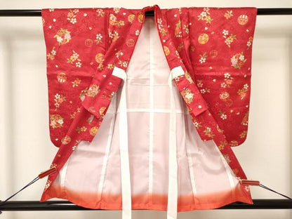 平和屋着物[]七五三　女の子　３歳　祝着　三つ身　長襦袢(単衣・半衿刺繍)・被布セット　鞠花丸文　金彩　逸品　DAAY3144ma