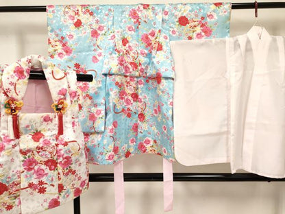 平和屋着物[]七五三　女の子　３歳　祝着　三つ身　長襦袢(単衣)・被布セット　鞠花文　金彩　洗える着物　DAAY3146ma