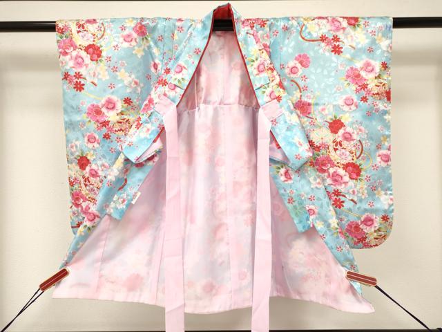 平和屋着物[]七五三　女の子　３歳　祝着　三つ身　長襦袢(単衣)・被布セット　鞠花文　金彩　洗える着物　DAAY3146ma