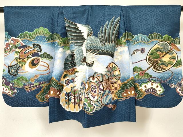 平和屋着物[]七五三　男の子　祝着・羽織セット　鷹　鷲　鼓花松文　暈し染め　金彩　洗える着物　DAAY3150ma