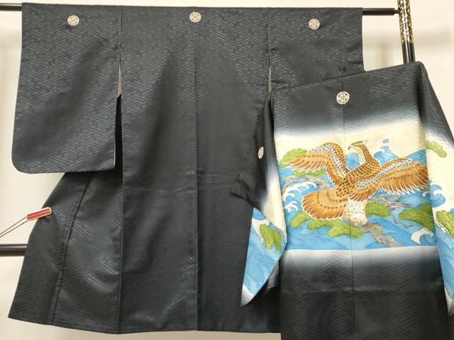 平和屋着物[]七五三　男の子　祝着・羽織セット　駒刺繍　鷹　鷲　立波松文　暈し染め　金彩　洗える着物　DAAY3152ma