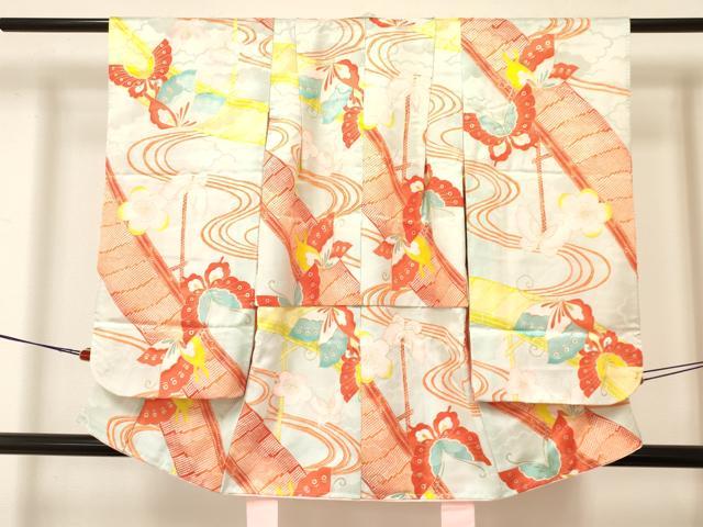 平和屋着物[]七五三　女の子　３歳　祝着　三つ身　長襦袢(単衣・半衿刺繍)セット　流水花蝶文　金彩　洗える着物　DAAY3154ma