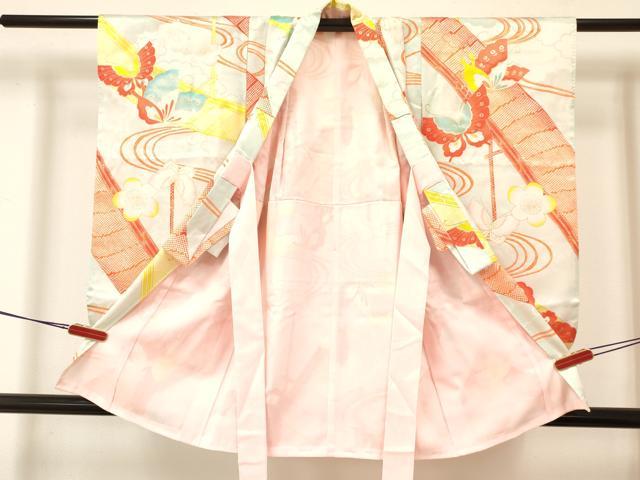 平和屋着物[]七五三　女の子　３歳　祝着　三つ身　長襦袢(単衣・半衿刺繍)セット　流水花蝶文　金彩　洗える着物　DAAY3154ma
