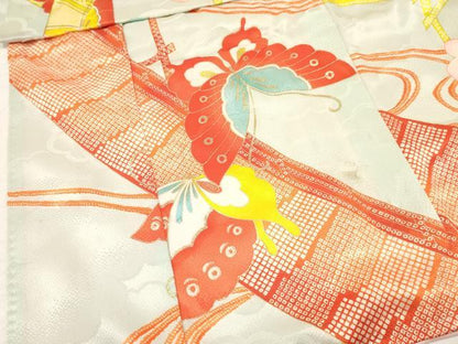 平和屋着物[]七五三　女の子　３歳　祝着　三つ身　長襦袢(単衣・半衿刺繍)セット　流水花蝶文　金彩　洗える着物　DAAY3154ma