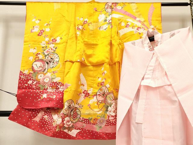 平和屋着物[]七五三　女の子　３歳　祝着　三つ身　長襦袢(単衣・半衿刺繍)セット　熨斗鼓飛鶴花文　金彩　逸品　DAAY3155ma