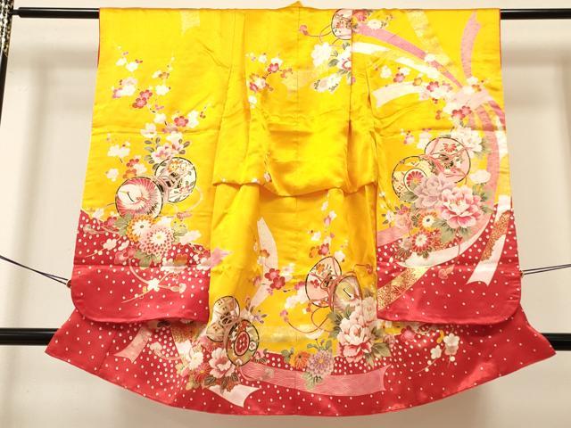 平和屋着物[]七五三　女の子　３歳　祝着　三つ身　長襦袢(単衣・半衿刺繍)セット　熨斗鼓飛鶴花文　金彩　逸品　DAAY3155ma