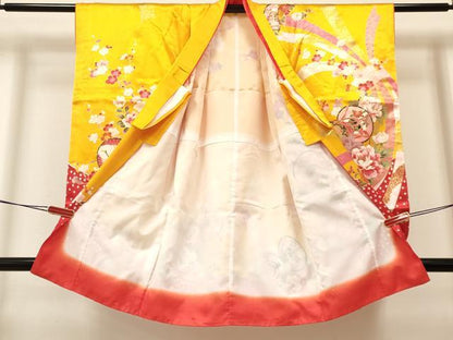 平和屋着物[]七五三　女の子　３歳　祝着　三つ身　長襦袢(単衣・半衿刺繍)セット　熨斗鼓飛鶴花文　金彩　逸品　DAAY3155ma