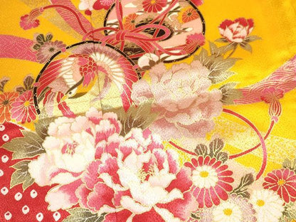 平和屋着物[]七五三　女の子　３歳　祝着　三つ身　長襦袢(単衣・半衿刺繍)セット　熨斗鼓飛鶴花文　金彩　逸品　DAAY3155ma