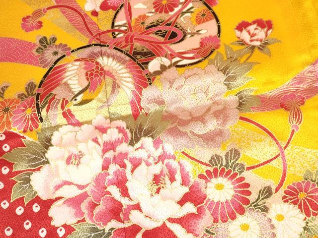 平和屋着物[]七五三　女の子　３歳　祝着　三つ身　長襦袢(単衣・半衿刺繍)セット　熨斗鼓飛鶴花文　金彩　逸品　DAAY3155ma