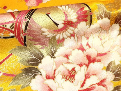 平和屋着物[]七五三　女の子　３歳　祝着　三つ身　長襦袢(単衣・半衿刺繍)セット　熨斗鼓飛鶴花文　金彩　逸品　DAAY3155ma