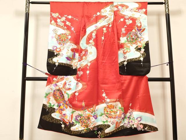 平和屋着物[]七五三　女の子　７歳　祝着　四つ身　襦袢(無双仕立て・半衿刺繍)セット　鞠花蝶文　暈し染め　金彩　逸品　DAAY3156ma