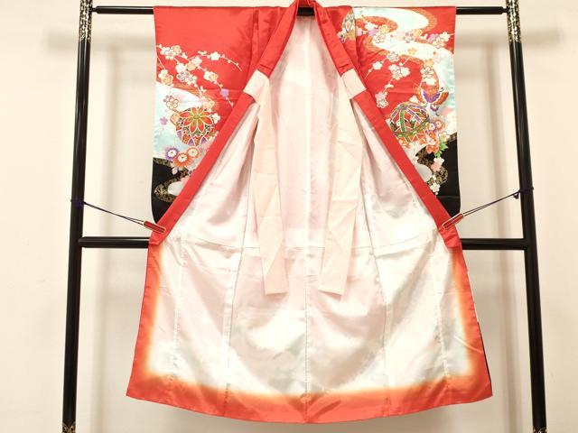 平和屋着物[]七五三　女の子　７歳　祝着　四つ身　襦袢(無双仕立て・半衿刺繍)セット　鞠花蝶文　暈し染め　金彩　逸品　DAAY3156ma