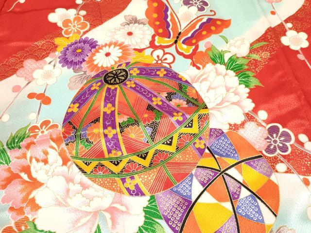 平和屋着物[]七五三　女の子　７歳　祝着　四つ身　襦袢(無双仕立て・半衿刺繍)セット　鞠花蝶文　暈し染め　金彩　逸品　DAAY3156ma