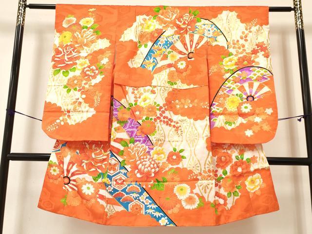 平和屋着物[]七五三　女の子　７歳　祝着　四つ身　襦袢(単衣・半衿刺繍)セット　駒刺繍　片輪車花蝶文　金彩　逸品　DAAY3157ma