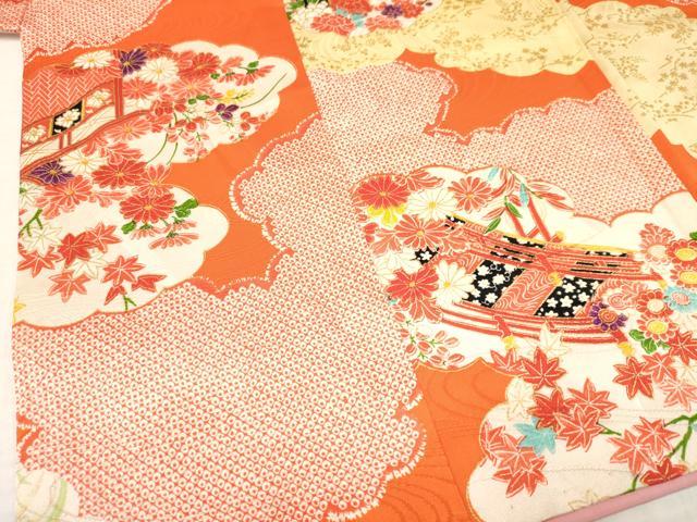 平和屋着物[]七五三　女の子　３歳　祝着　三つ身　被布セット　雲取り渡橋花文　金彩　逸品　DAAY3158ma
