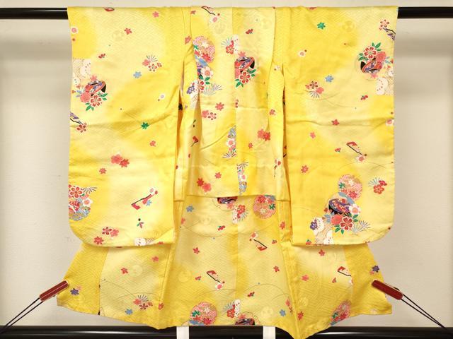 平和屋着物[]七五三　女の子　３歳　祝着　三つ身　長襦袢(単衣)・被布・巾着セット　雪輪重ね玩具花文　暈し染め　金彩　逸品　DAAY3160ma