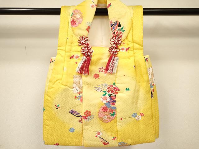 平和屋着物[]七五三　女の子　３歳　祝着　三つ身　長襦袢(単衣)・被布・巾着セット　雪輪重ね玩具花文　暈し染め　金彩　逸品　DAAY3160ma