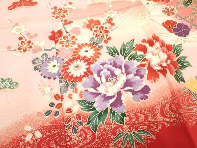 平和屋着物[]お宮参り　女の子　祝着　産着　初着　のしめ　鴛鴦　檜扇花車文　暈し染め　金彩　逸品　DAAY3171ma