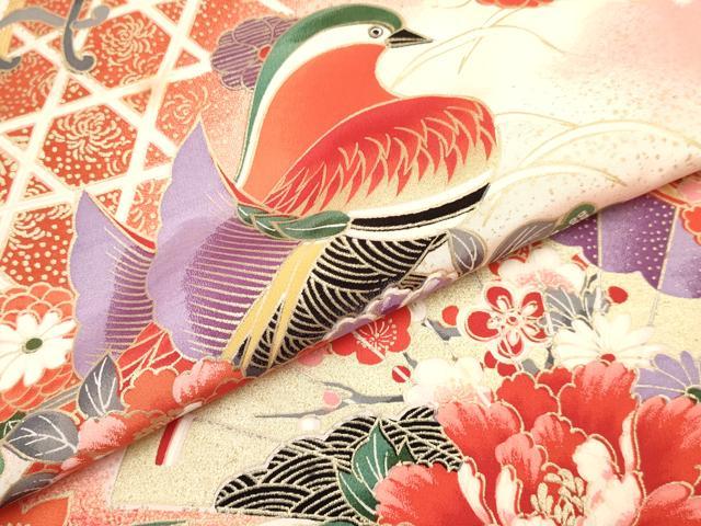 平和屋着物[]お宮参り　女の子　祝着　産着　初着　のしめ　鴛鴦　檜扇花車文　暈し染め　金彩　逸品　DAAY3171ma