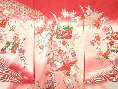 平和屋着物[]お宮参り　女の子　祝着　産着　初着　のしめ　飛鶴花文　暈し染め　金銀彩　逸品　DAAY3174ma