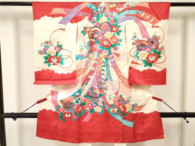 平和屋着物[]お宮参り　女の子　祝着　産着　初着　のしめ　独楽　コマ　熨斗飛鶴鼓花文　金彩　逸品　DAAY3184ma