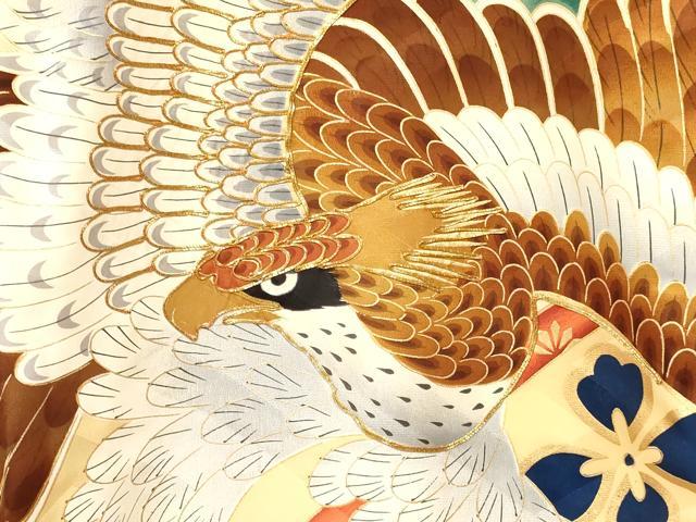 平和屋着物[]お宮参り　男の子　祝着　産着　初着　のしめ　鷹　鷲　打ち出の小槌　花松文　金彩　逸品　DAAY3188ma