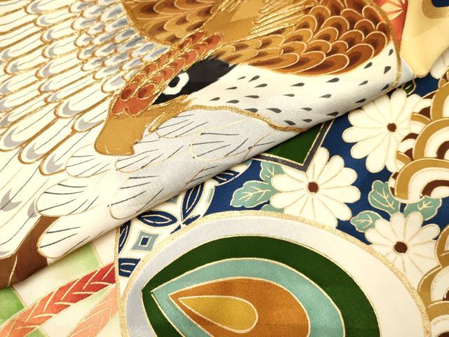 平和屋着物[]お宮参り　男の子　祝着　産着　初着　のしめ　鷹　鷲　打ち出の小槌　花松文　金彩　逸品　DAAY3188ma