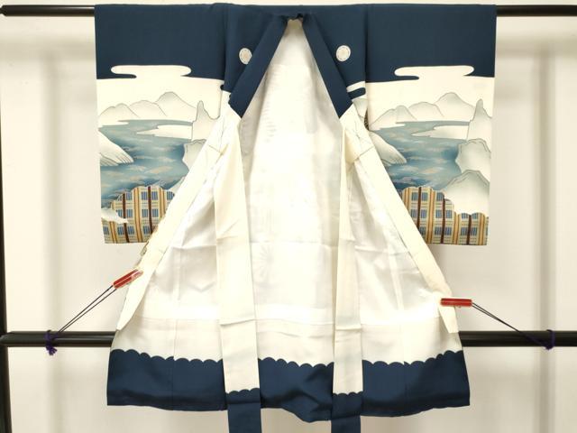 平和屋着物[]お宮参り　男の子　祝着　産着　初着　のしめ　鷹　鷲　風景源氏車亀甲花文　暈し染め　金銀彩　逸品　DAAY3192ma