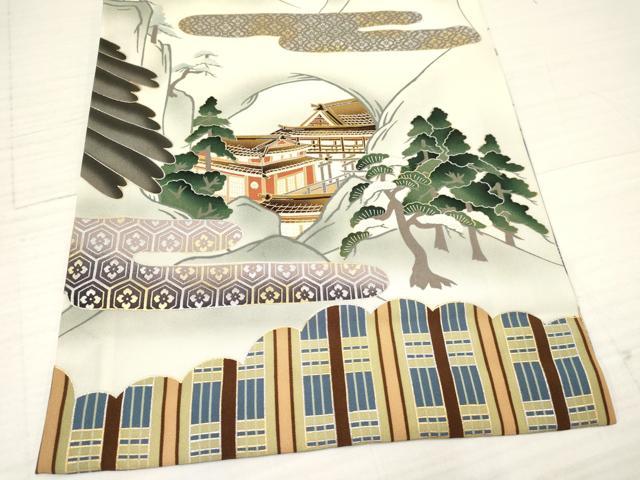 平和屋着物[]お宮参り　男の子　祝着　産着　初着　のしめ　鷹　鷲　風景源氏車亀甲花文　暈し染め　金銀彩　逸品　DAAY3192ma