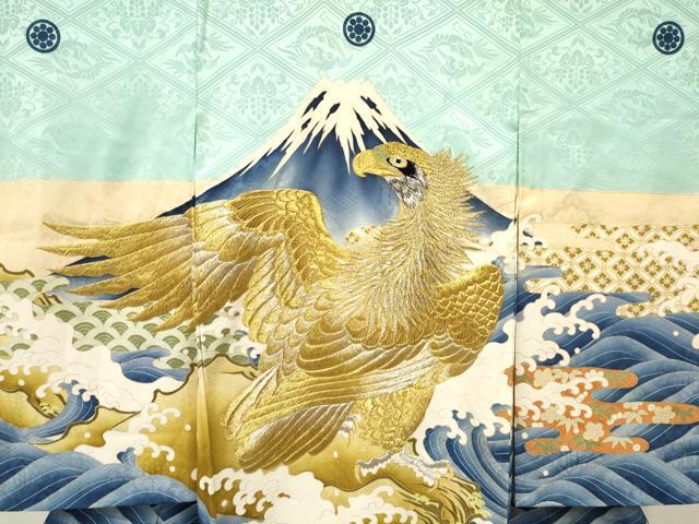平和屋着物[]お宮参り　男の子　祝着　産着　初着　のしめ　刺繍　鷹　鷲　風景立波文　金彩　逸品　DAAY3193ma