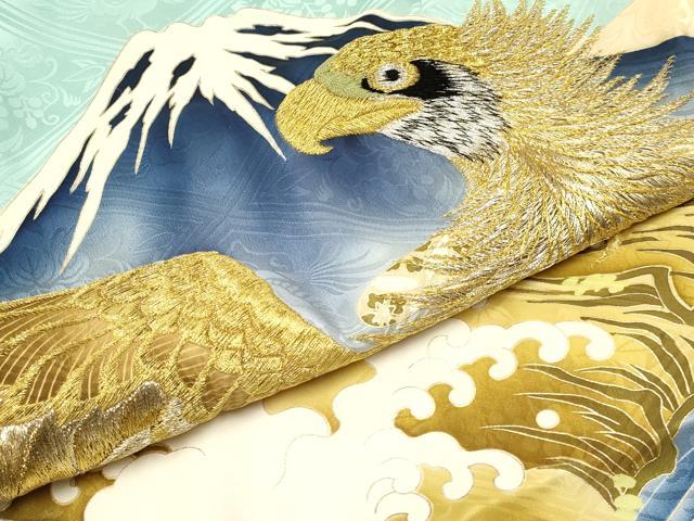 平和屋着物[]お宮参り　男の子　祝着　産着　初着　のしめ　刺繍　鷹　鷲　風景立波文　金彩　逸品　DAAY3193ma