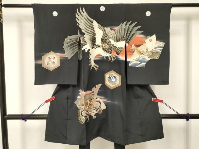 平和屋着物[]お宮参り　男の子　祝着　産着　初着　のしめ　鷹　鷲　兜　地紙宝船文　暈し染め　金彩　逸品　DAAY3194ma