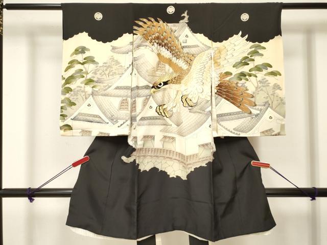 平和屋着物[]お宮参り　男の子　祝着　産着　初着　のしめ　刺繍　鷹　鷲　風景松文　金彩　逸品　DAAY3198ma