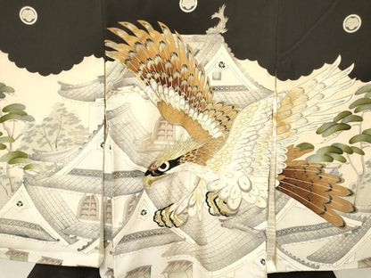平和屋着物[]お宮参り　男の子　祝着　産着　初着　のしめ　刺繍　鷹　鷲　風景松文　金彩　逸品　DAAY3198ma
